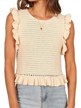 Mable Sleeveless Cream Crochet Ruffle Tank Top Knit Shell Size S pre-owned
